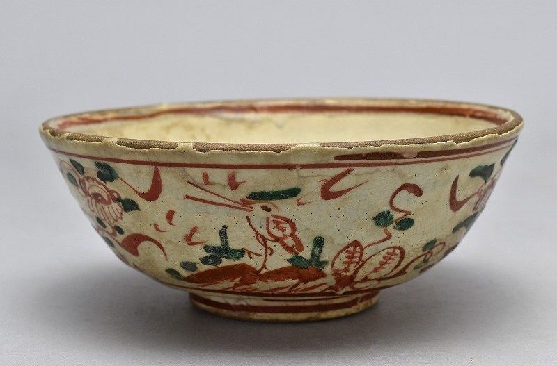 蔵C3670b 紀州 瑞芝焼 赤絵茶碗 江戸期