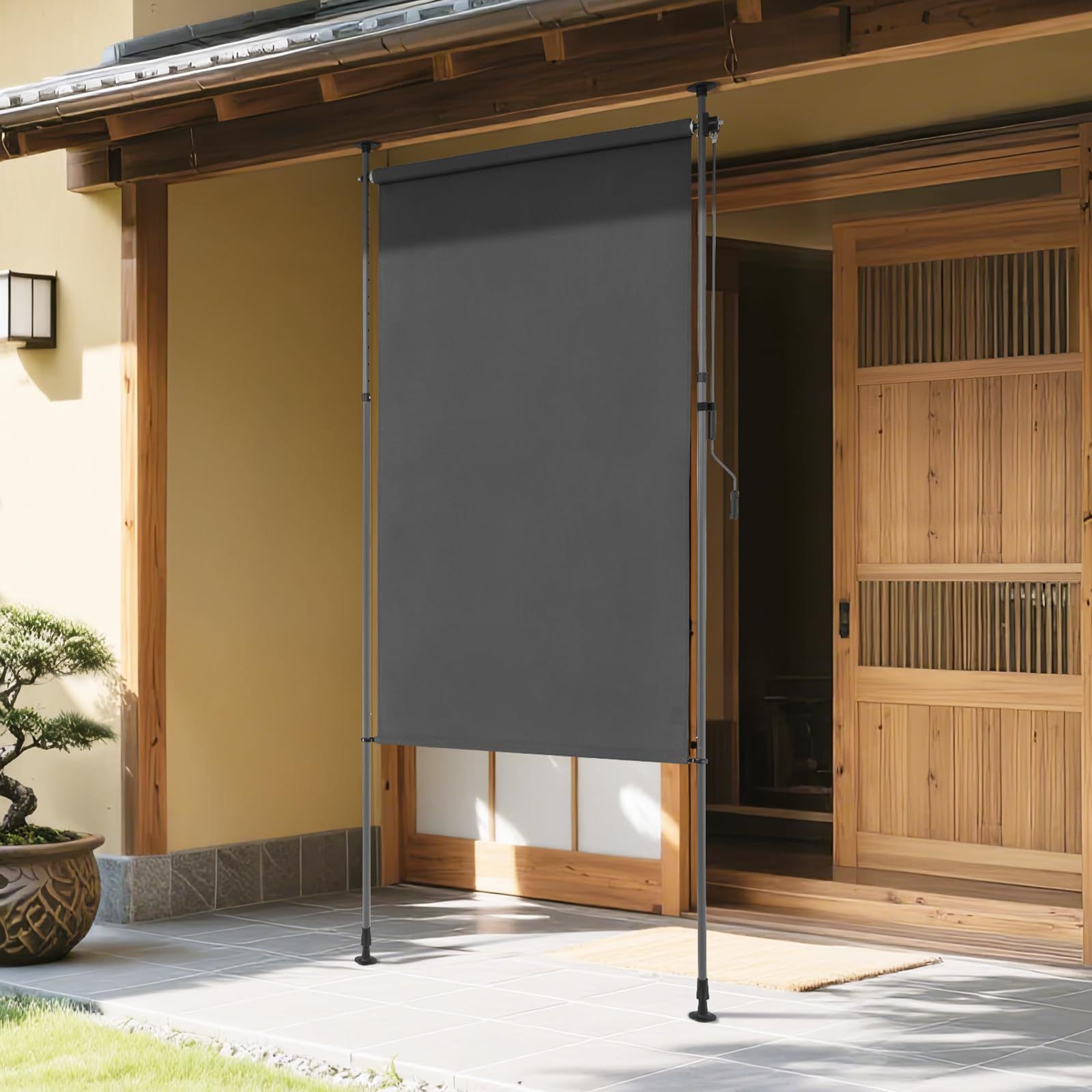 KELIXU 突っ張り式サンシェード 縦型 オーニングシェード 日除け 屋外 幅120cm ひよけ 目隠し 巻き取り式 高さ調節 断熱 遮光 防水シート 取り付け簡単 穴あけ不要 庭 ベランダ グレー