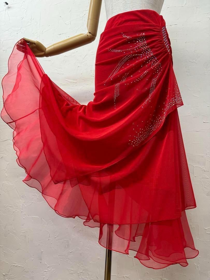 赤 新品 ラインストーン 社交ダンス フレアーデザインスカートd035