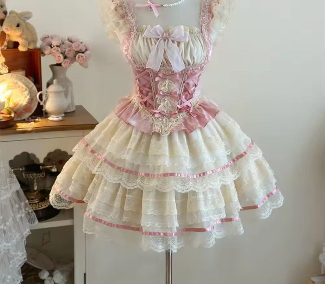 LIZLISA ダブルレースアップリボンワンピース ピンク