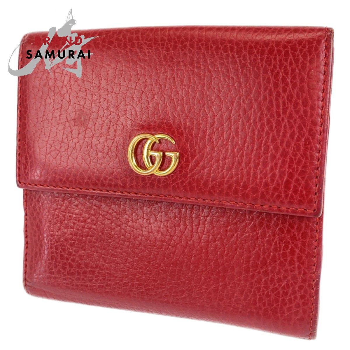 GUCCI グッチ GGマーモント ハイビスカスレッド レザー 二つ折り財布 レディース 400909 【中古】 GUCCI グッチ GGマーモント ハイビスカスレッド レザー 二つ折り財布