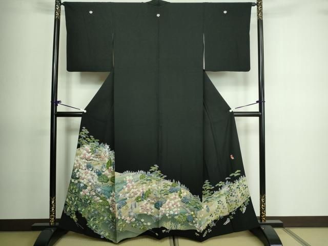 D501 夏着物　訪問着　黒地　絽　正絹　極美品 D486 夏着物 訪問着 黒地 絽 正絹 美品