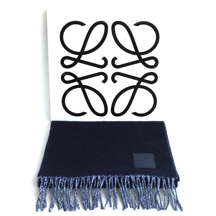 LOEWE ネイビー マフラー マフラー ストール アナグラム フリンジ ウール カシミヤ ロゴ刺繍