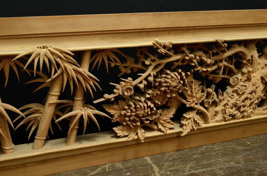 蔵A4971】建具 彫刻欄間 松竹梅 一対 古民家座敷