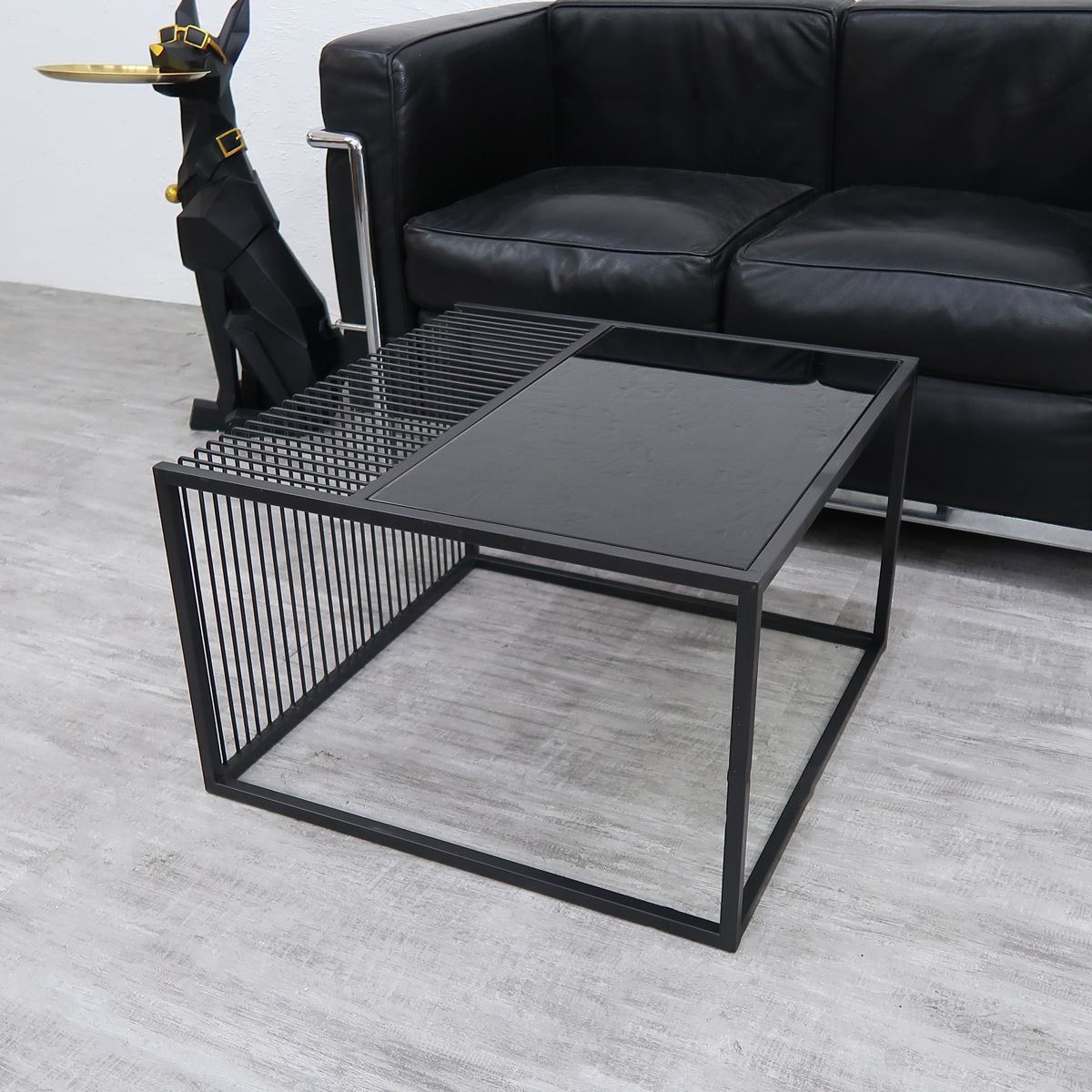 インダストリアル　スピンドル型ガラステーブル インダストリアル スピンドル型ガラステーブル 内部が全て収納スペース