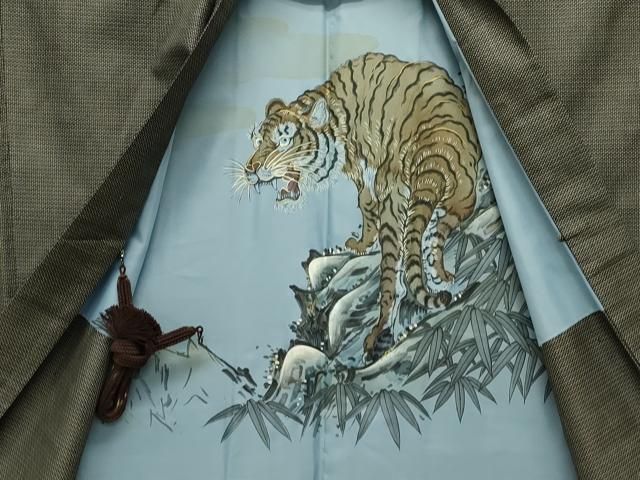 平和屋着物□極上 男性 紬 アンサンブル キングサイズ 色無地 利休色  