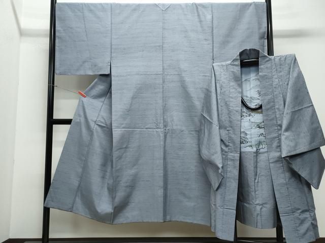 平和屋着物●男性 紬 アンサンブル 網代織 紫鼠色 正絹 CAAX1169vf