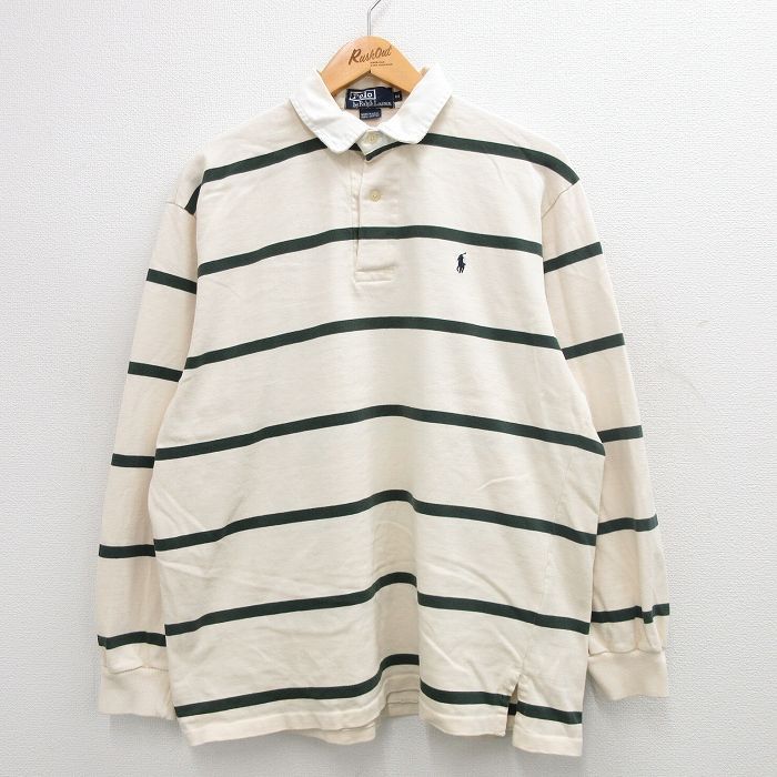 L/古着 ラルフローレン 長袖 ブランド ポロ シャツ メンズ 90s ワンポイントロゴ ボタンダウン 生成 ボーダー 24jun05 中古 トップス