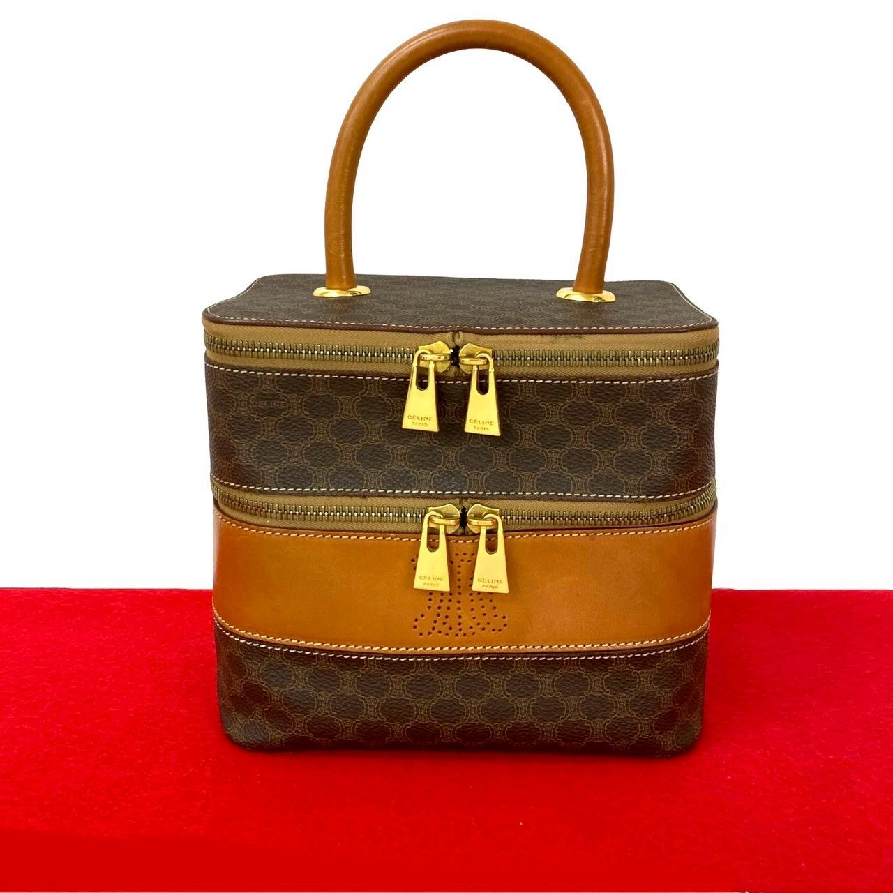 CELINE セリーヌ ヴィンテージ マカダム ブラゾン トリオンフ 柄 レザー ハンドバッグ バニティバッグ ブラウン 茶 30853