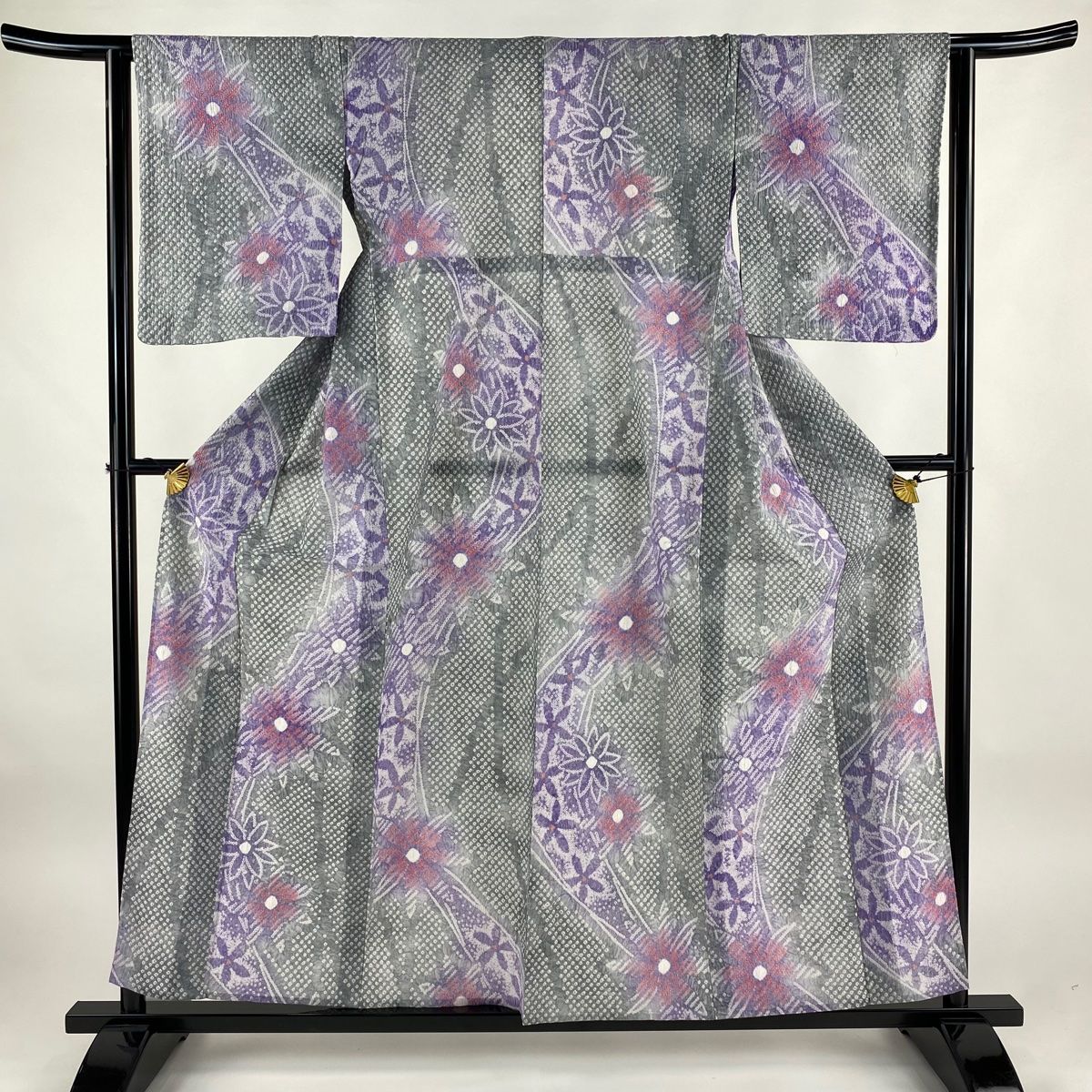 浴衣 身丈157cm 裄丈62cm S 絞り浴衣 花 灰色 綿 名品