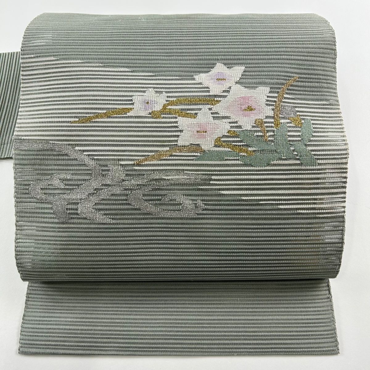 新品本物 名古屋帯 正絹 灰緑 金銀糸 桔梗 八寸名古屋帯 絽 夏帯 秀品 着物・浴衣