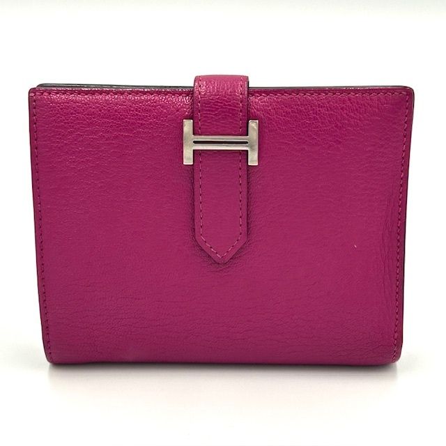 エルメス ベアンコンパクト シェーブル 赤 シルバー金具 折り財布 □I