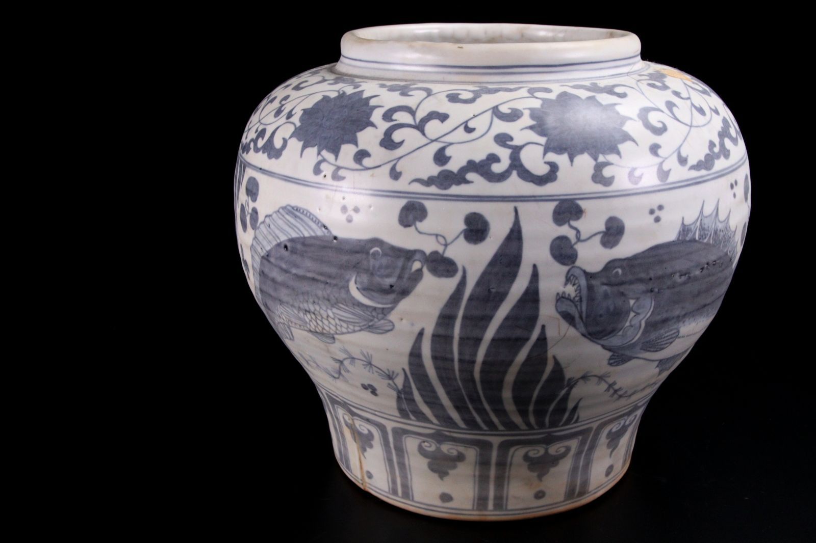 中国 青花魚藻文壷 30cm 白磁 染付 唐物 骨董 古美術 楾 F977