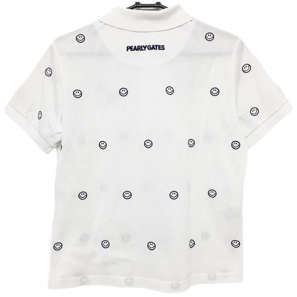超 パーリーゲイツ 半袖ポロシャツ 白×ネイビー ニコちゃん総柄 スマイル メンズ 4 M ゴルフウェア PEARLY GATES