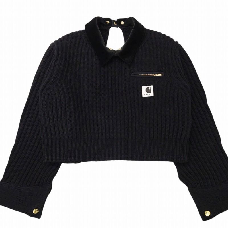 サカイ × カーハート 美品 23AW Detroit Ribbed Sweater ベロア衿付 バックオープン ニット セーター ロゴ 長袖 4 黒 サカイ sacai × カーハート Carhartt WIP 美品 23AW Detroit