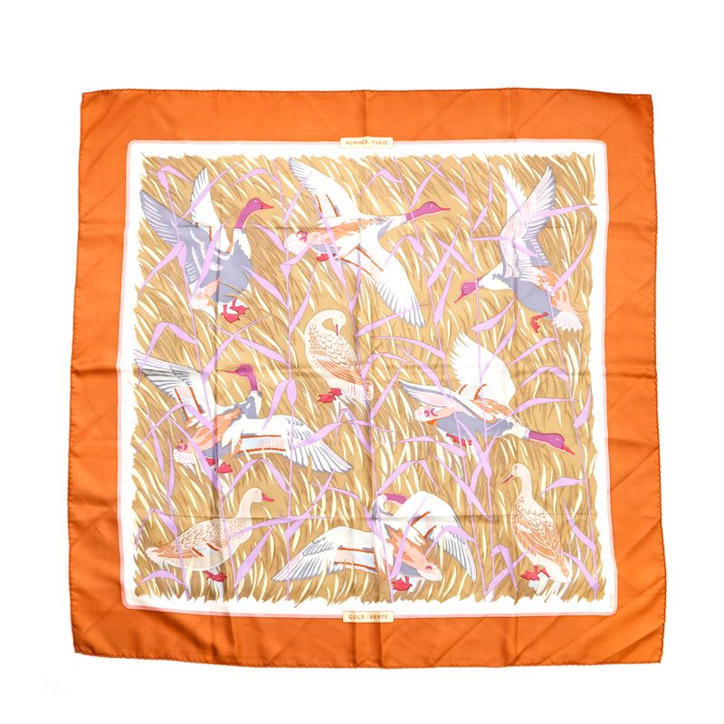 12,100円Hermes カレ　スカーフ　cols verts コルベール　鴨　カモ