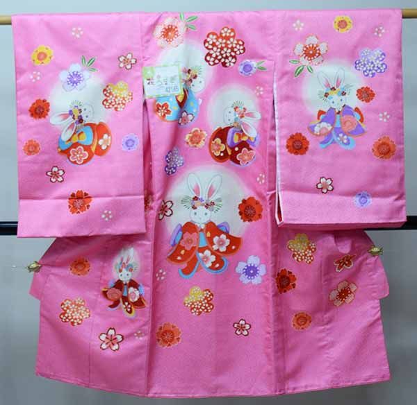 お宮参り産着 合繊 のしめ 女児 着物 うさぎ 兎 ピンク 金刺繍 女の子 祝着 一つ身 掛け着 初着 NO42165