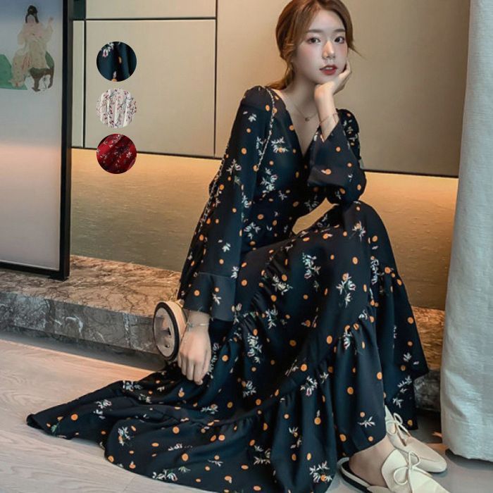 ワンピース ティアードワンピース フレア 長袖 ハイネック 韓国 ELFRANK ワンピース ハイネックニットティアードロング