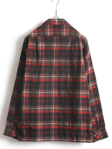 50s USA製 ペンドルトン チェック オープンカラー ウール シャツ M 黒 