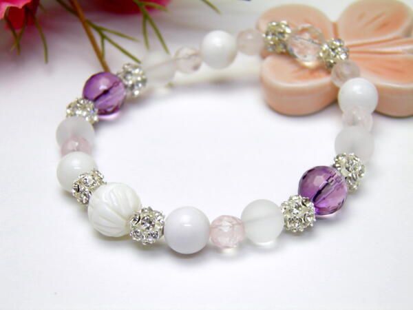 蓮花ブレスレット 数珠 ホワイトオニキス アメトリン 天然石 パワーストーン