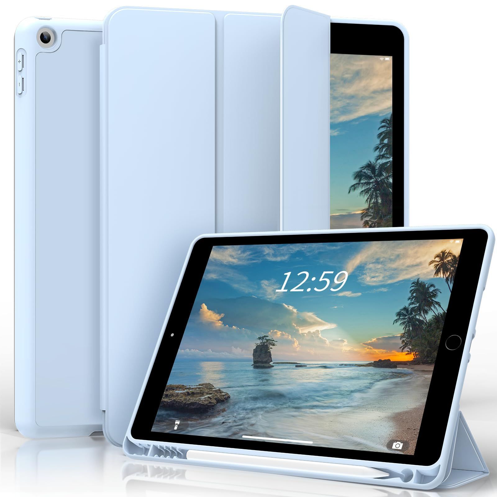 ライトブルー ケース 10 2インチ iPad 耐衝撃 軽量 薄型 TPU ソフト オートスリープ ウェイク 三つ折りスタンド 2020 2019 第8世代 第7世代 2021 ペン収納 9世代 SQBEBS