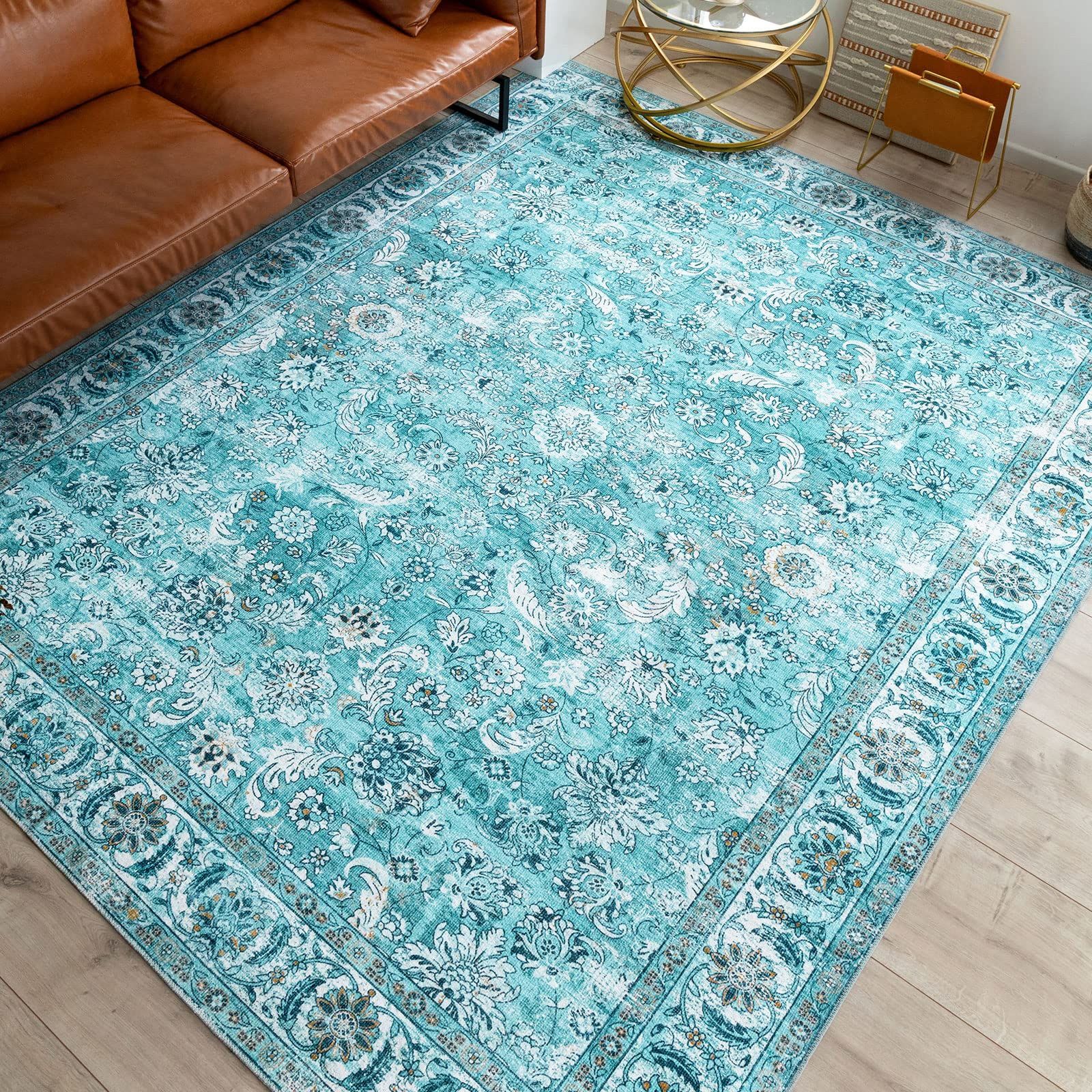 u-living カーペット 2畳 ペルシャ絨毯風 ラグ 洗える 185X185CM 北欧 おしゃれ 正方形 花柄 軽量 オールシーズン ブルー 滑り止め 防ダニ 防臭 床暖房対応