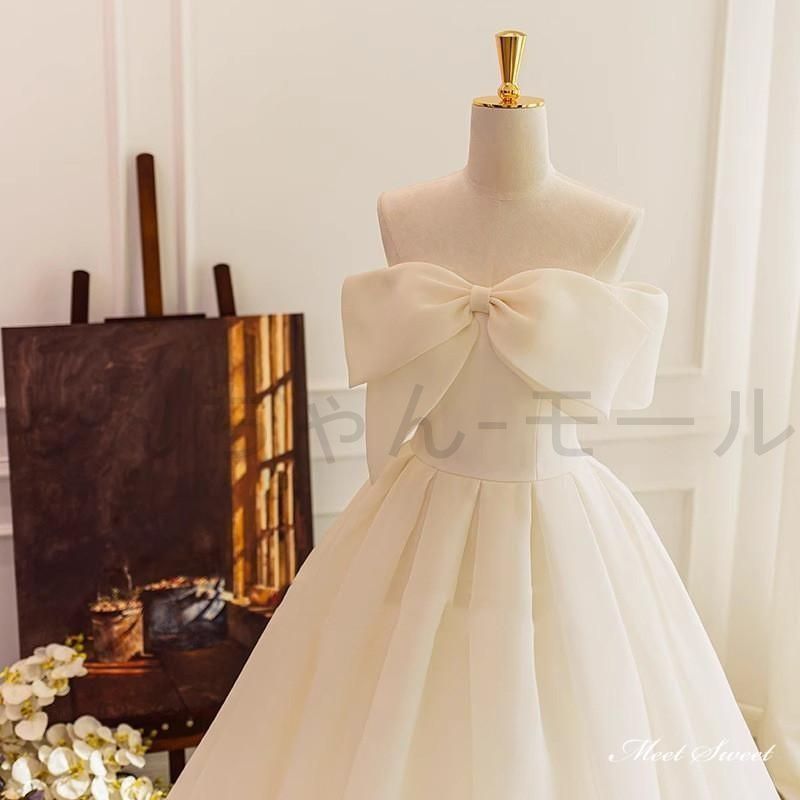 ?♥ ウェディングドレス ロングドレス オーガンジー プリンセスラインドレス リボン Aラインドレス 二次会 結婚式 前撮り 花嫁