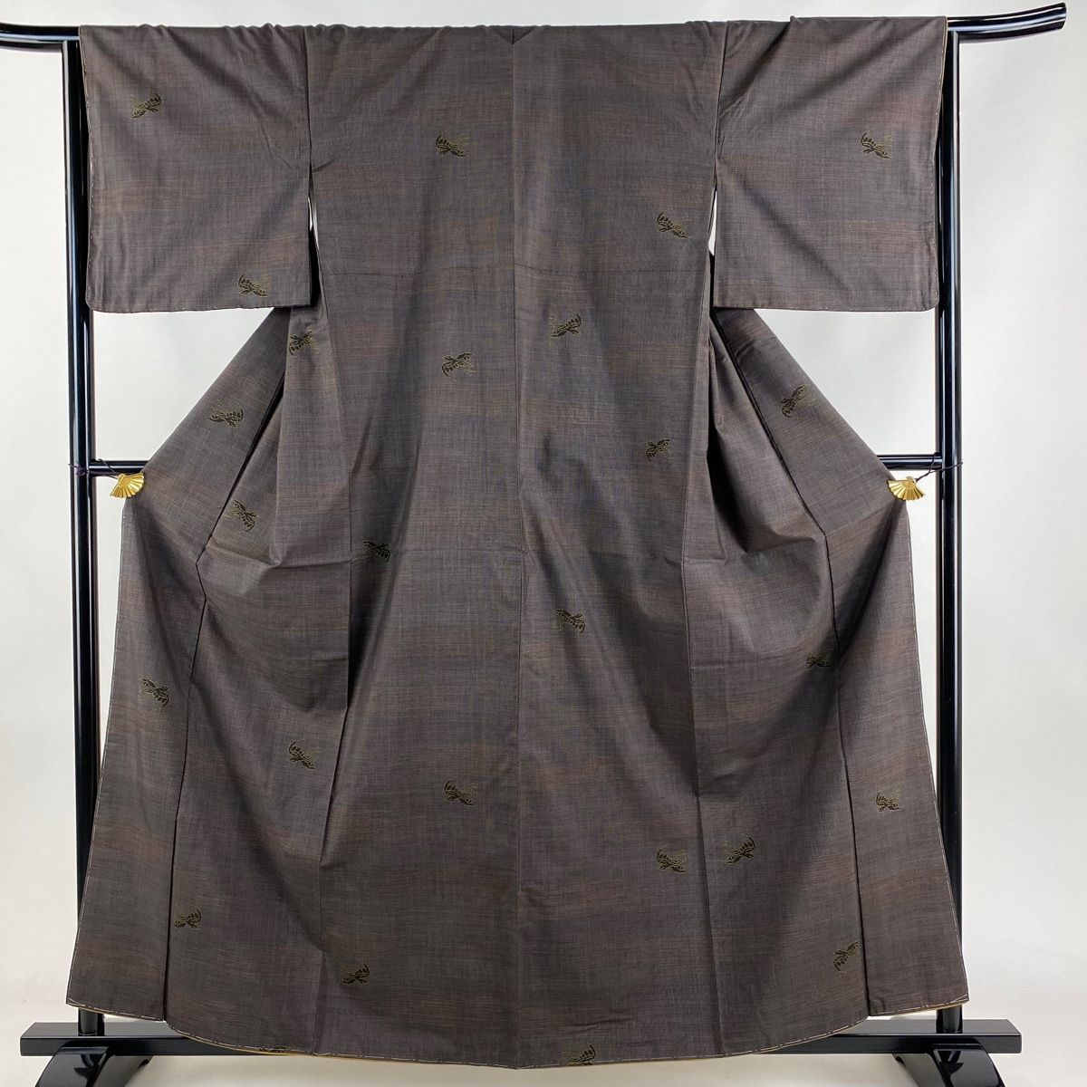 紬 身丈158cm 裄丈64cm M 袷 鳥 茶紫 正絹 秀品