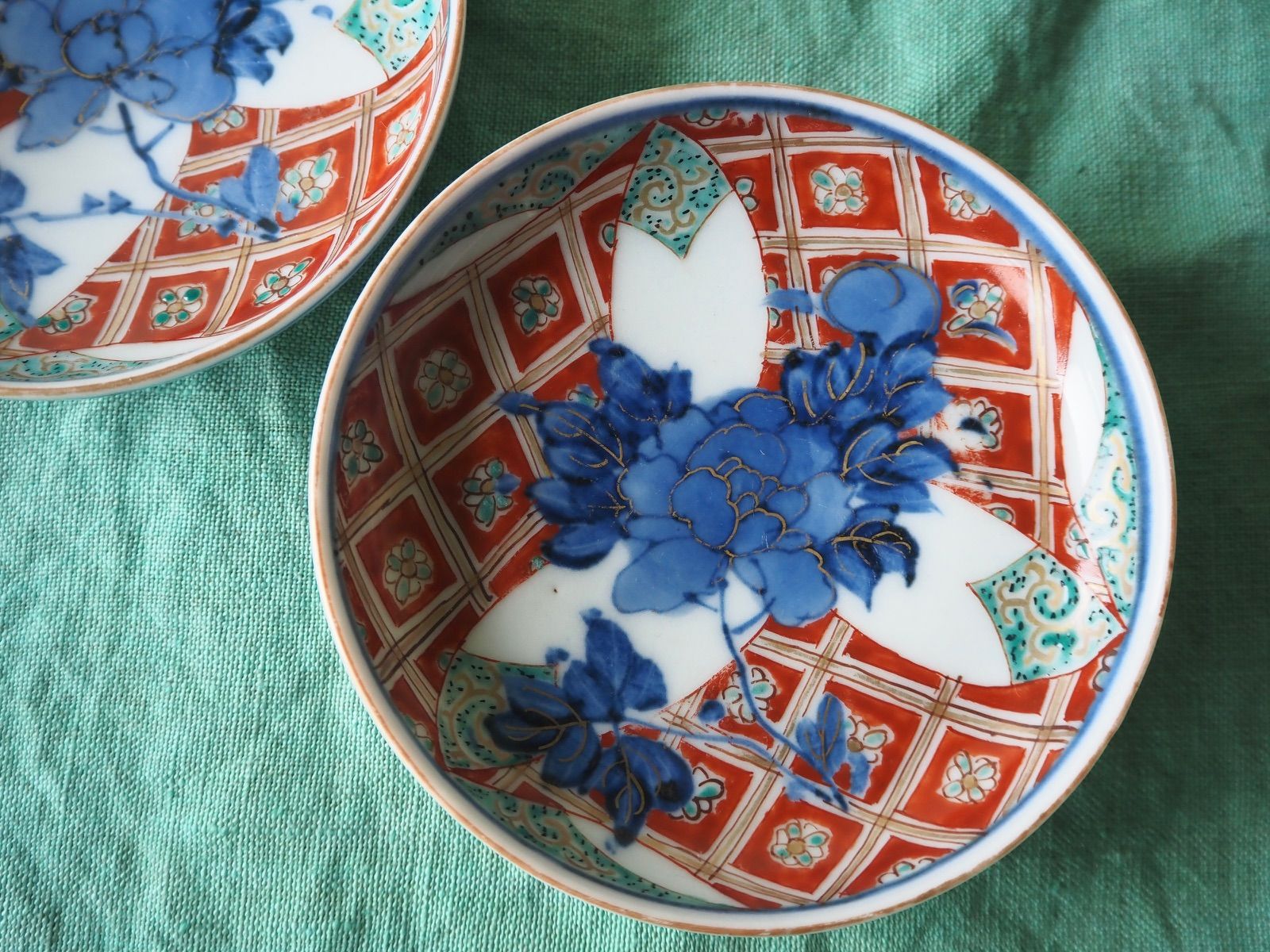大聖寺伊万里 色絵金彩 小皿 2客セット｜染錦 花格子文 古道具を