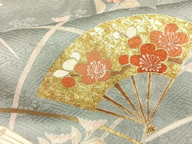 平和屋着物▽訪問着 単衣 駒刺繍 絞り 扇面花文 金彩 正絹 逸品