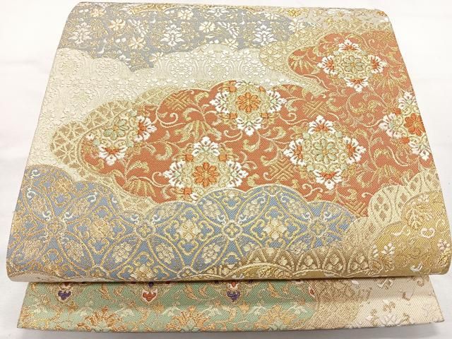 平和屋着物◎六通柄袋帯 唐織 雲取り花文 金糸 正絹 逸品 CAAU7374nb  