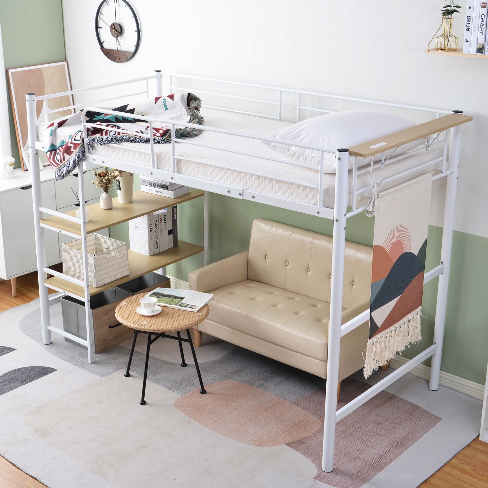 Homebliss パイプベッド ロフトベッド シングル コンセント付き 収納 子供ベッド 子供部屋 スチール 耐震 ベッド シングル パイプベッド パイプ 収納付き ラック