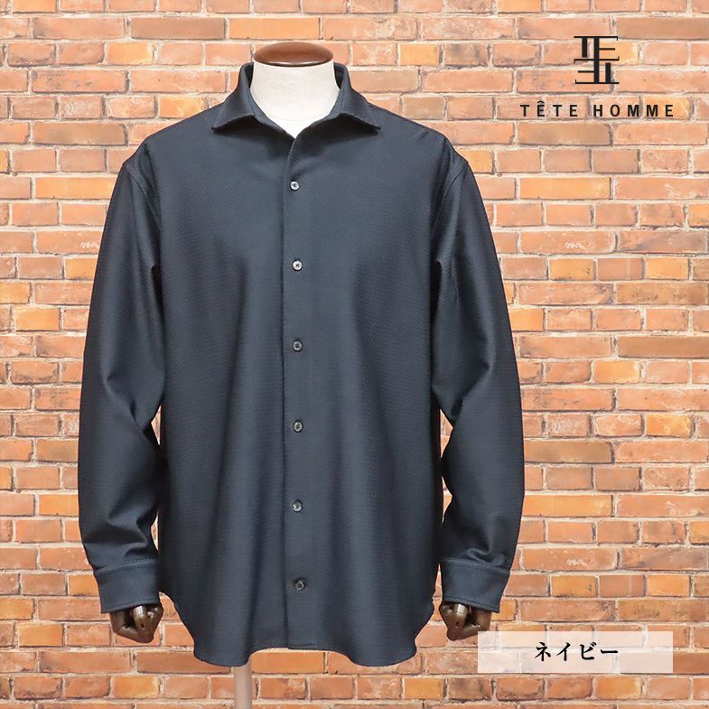 TETE HOMME/Mサイズ/快適シャツ 大きいサイズ ジャガード ストレッチ 無地 カッタウェイ 長袖 新品/紺/ネイビー/ja133/