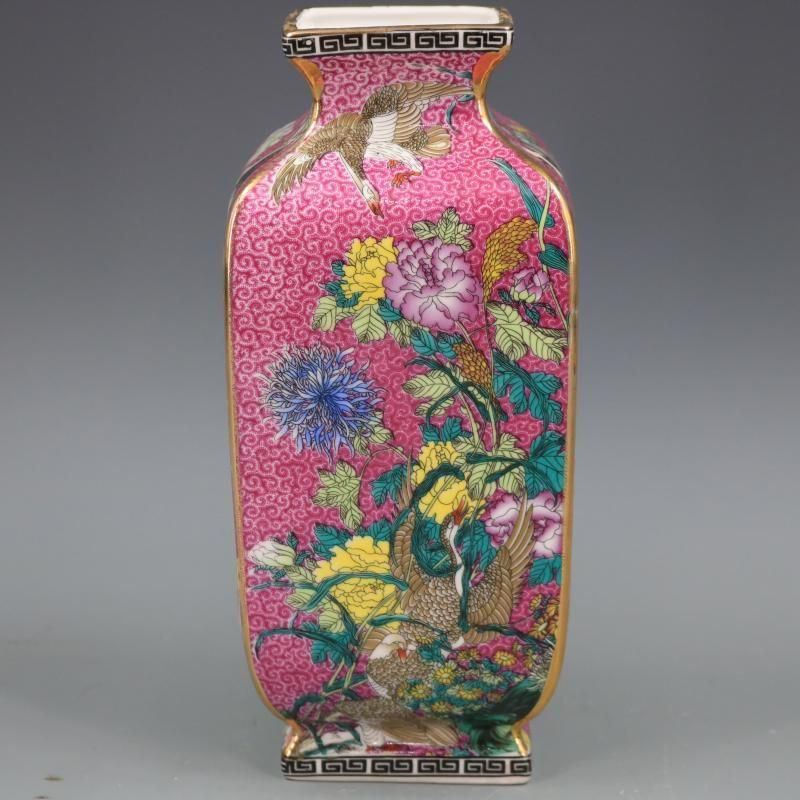 清乾隆琺瑯彩蒔金 花鳥四方瓶 景徳鎮 陶磁器 現代工芸品 美術品
