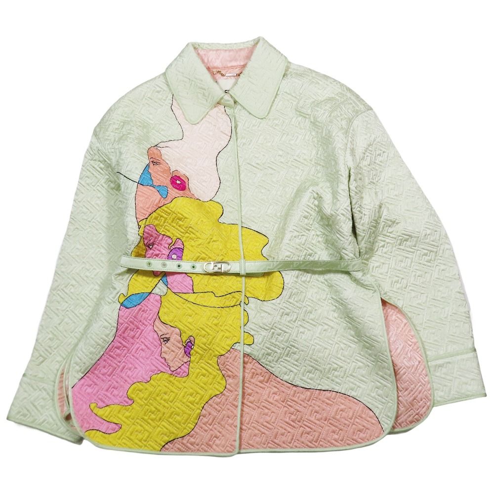 22SS FENDI by Kim Jones フェンディ Hairdo Girls シルク FFロゴ ズッカ柄 ジャケット ブルゾン コート 40 パステルグリーン レディース 古着