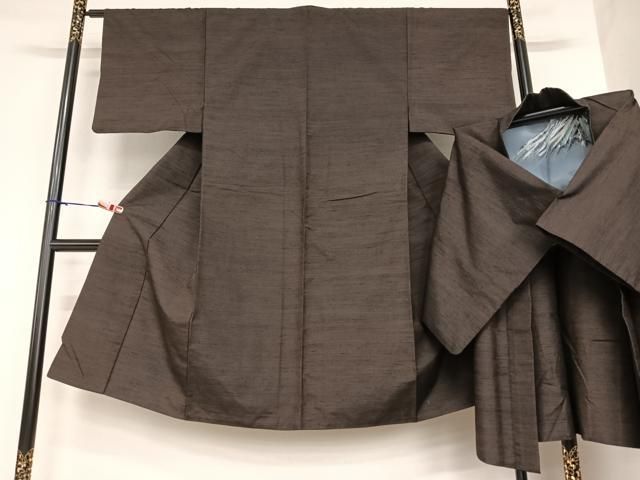 平和屋着物●男性 紬 アンサンブル 色無地 黒鳶色 正絹 AABA8832zg