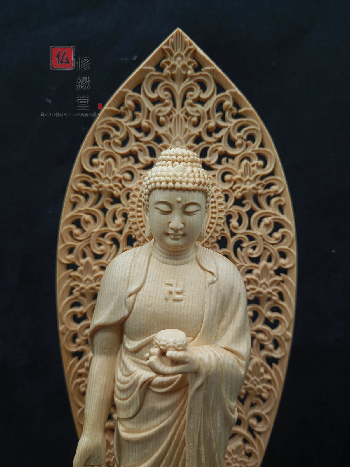 修縁堂】木彫り 仏像 阿弥陀如来立像 阿弥陀仏 彫刻 仏教工芸品