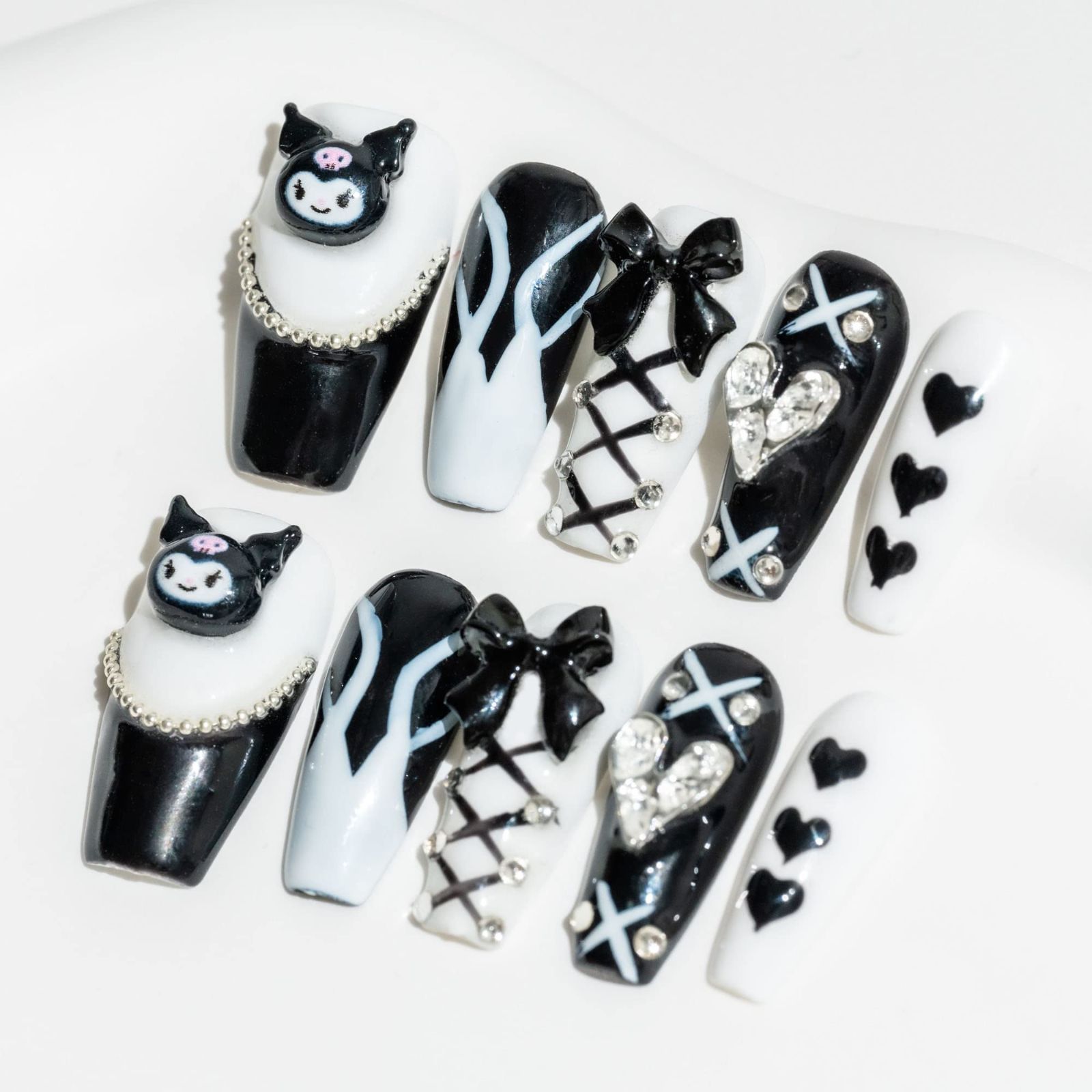 Size:XS_Color:#65 Sunu0026Beam Nails 手作り ネイルチップ ミディアム ロング バレリーナ 白 黒 パール リボン クロミ 人気 3D おしゃれ 可愛い デザイン つけ爪 付け爪 10枚入 (#65 XS)