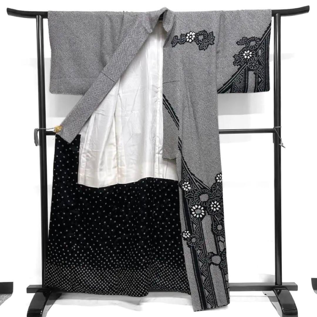 訪問着 総絞り 菊 縦縞 伝統和模様 モノトーン 着物 124a d - メルカリ