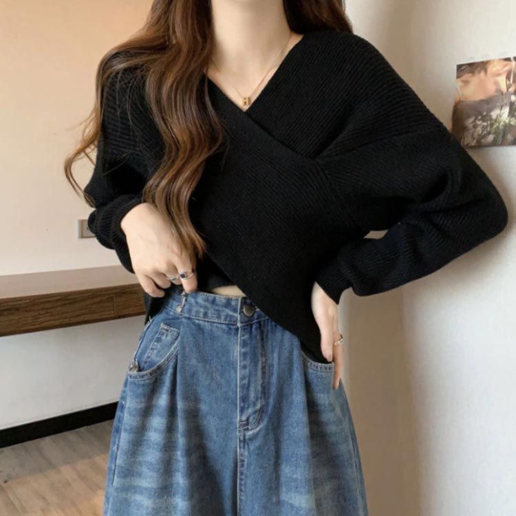 クロスニット ニット トップス カシュクールデザイン フロント
