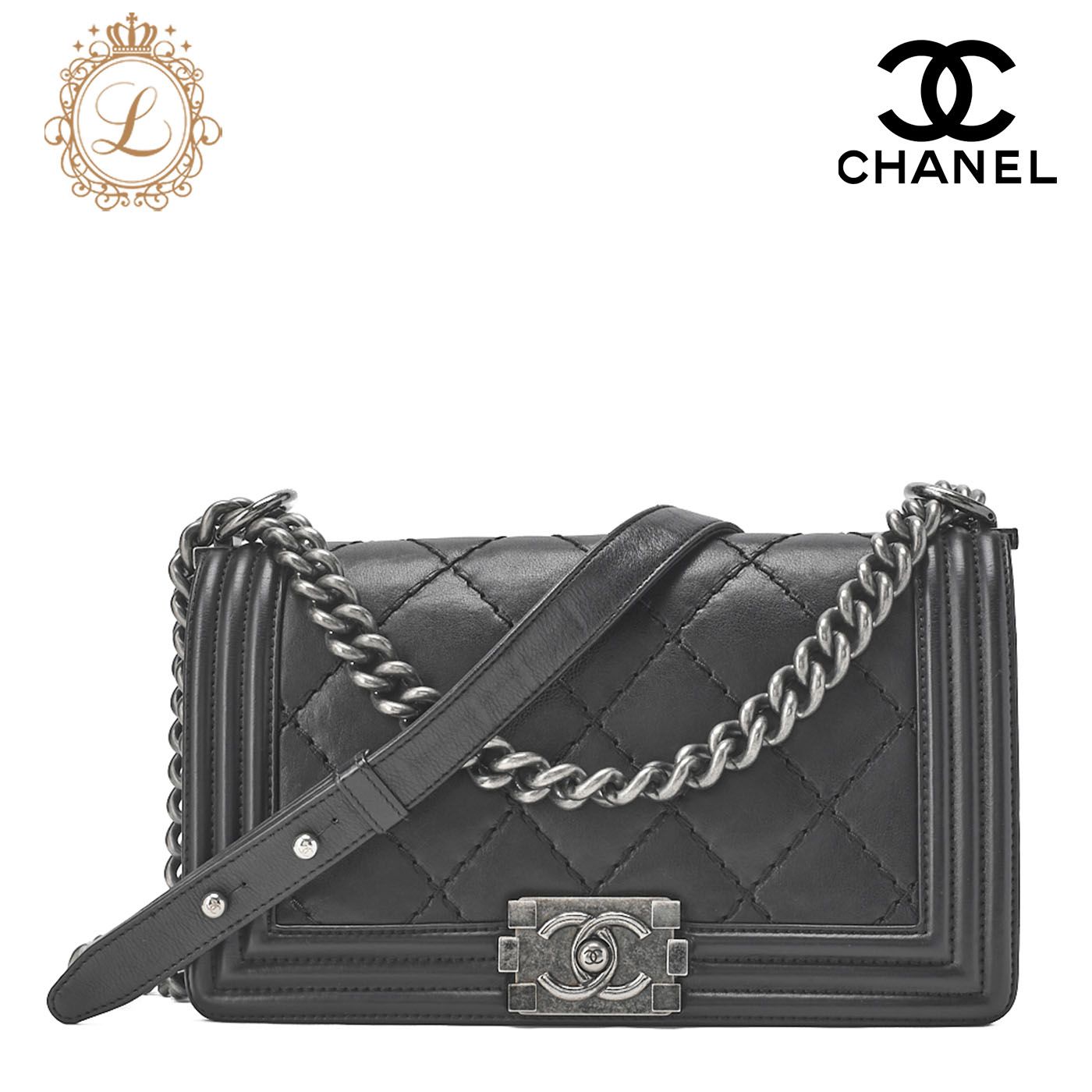 CHANEL シャネル ボーイシャネル ワイルドステッチ チェーンショルダー カーフスキン 黒 シルバ金具 ハイブランド 送料無料