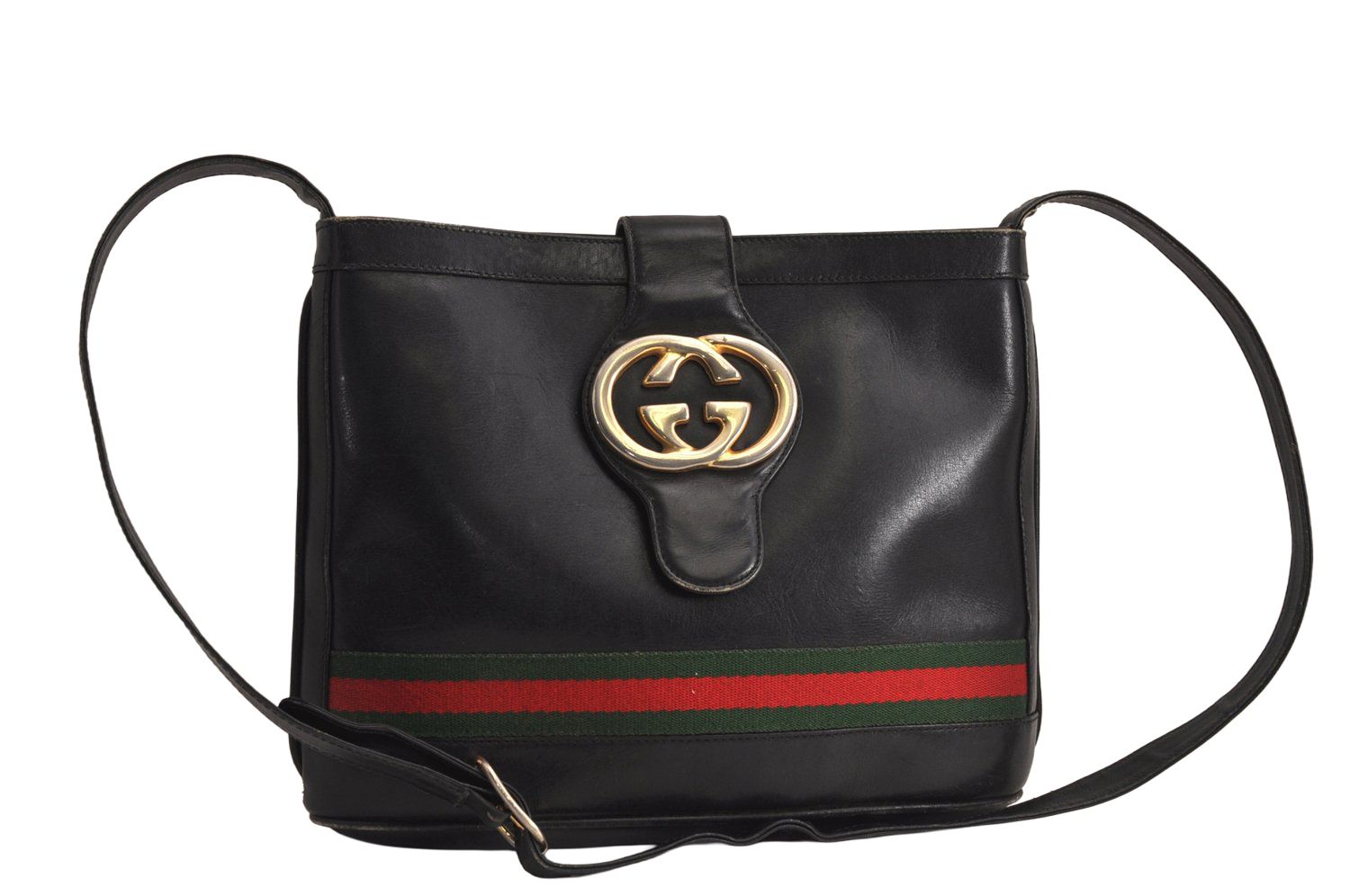 GUCCI グッチ ウェブ シェリーライン ショルダークロスボディーバッグ レザー ブラック ジャンク 7921M