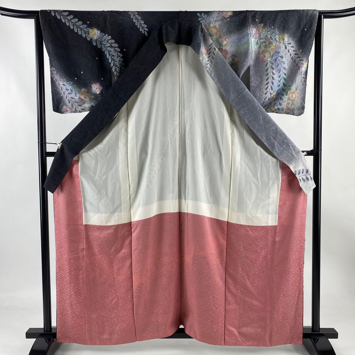 訪問着 身丈161cm 裄丈64cm M 袷 辻が花柄 金彩 ぼかし 灰色 正絹 逸品  