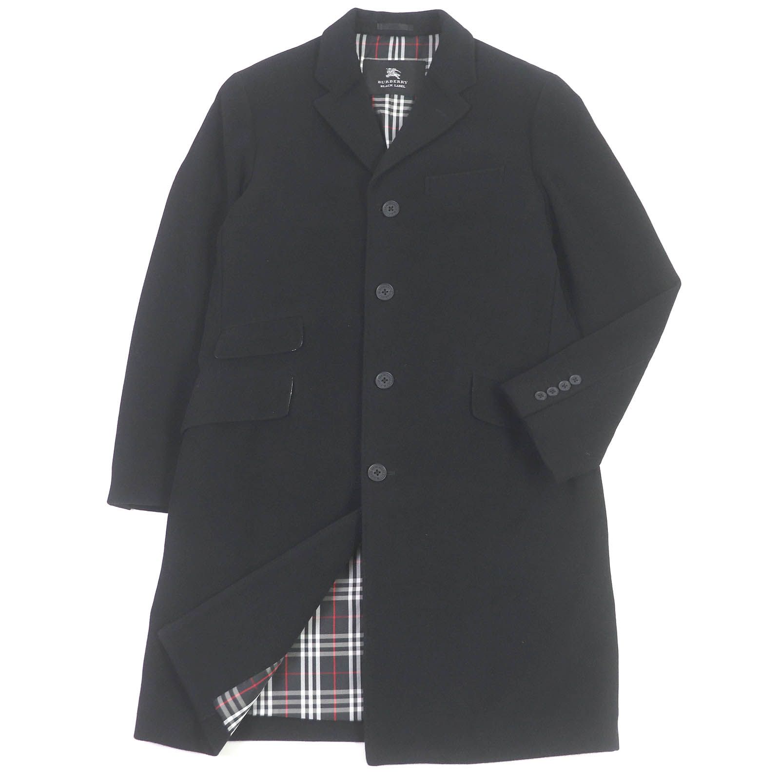 美品BURBERRY BLACK LABEL バーバリーブラックレーベル アンゴラ100％ 裏地チェック柄 ロゴボタン チェスターコート ブラック M 日本製 正規品 メンズ