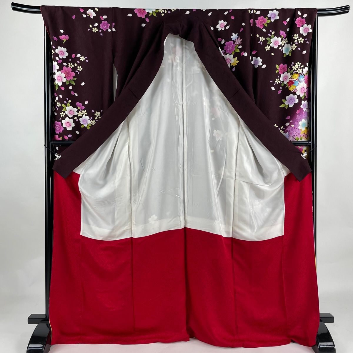振袖 身丈171cm 裄丈71cm L 袷 手鞠 桜 金糸 金彩 赤紫 正絹 美品 名品  