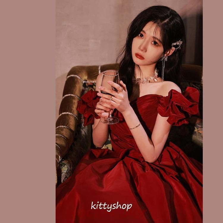 Amazon | [Patypeety] イブニングドレス ワイン赤 オフショルダー サテン ドレス 結婚式ドレス 二次会ドレス ゲストドレス  リボンオシャレ 発表会ドレス 演奏会ドレス ロングドレス ワインレッド パーティードレス Aライン (ワイン赤,XS) | フォーマルドレス 通販