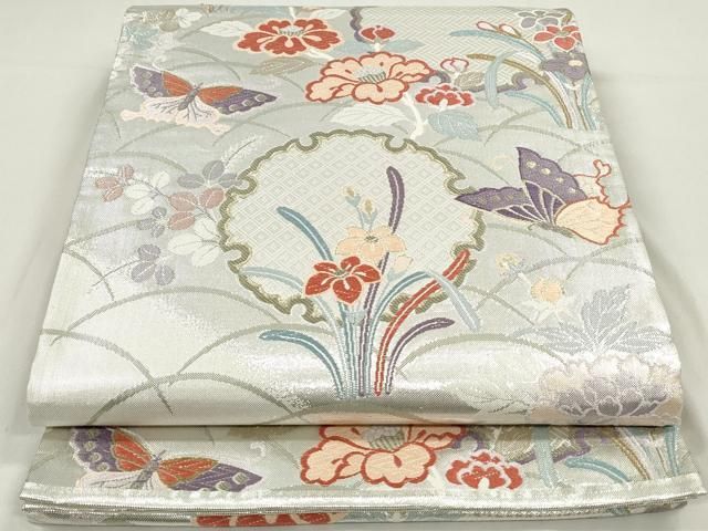平和屋着物◎六通柄袋帯 唐織 雪輪花蝶文 銀糸 引箔 正絹 逸品  