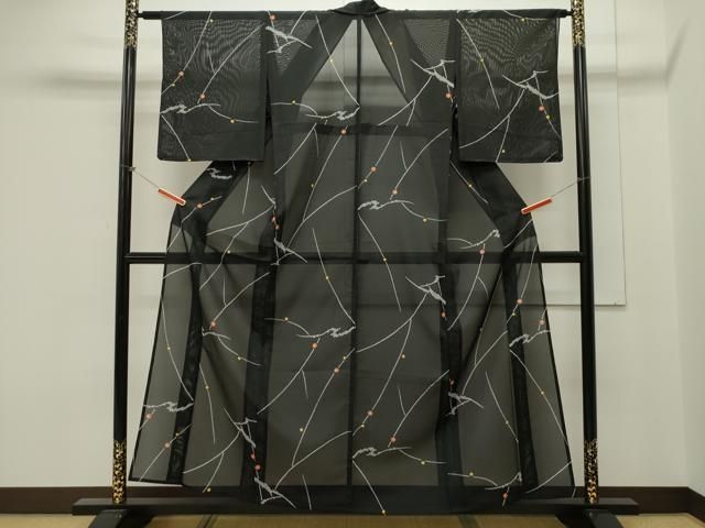 平和屋着物＊夏物 小紋 絽 吉祥間道 黒地 洗える着物 CAAW3145ut