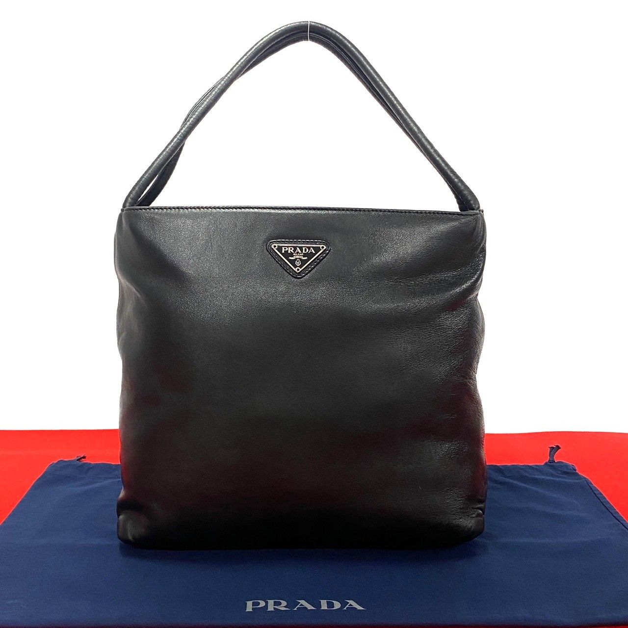 極 美品 袋付き PRADA プラダ 三角ロゴ プレート 金具 レザー 本革 ハンドバッグ ショルダーバッグ トートバッグ ブラック 黒 304-4  - メルカリ