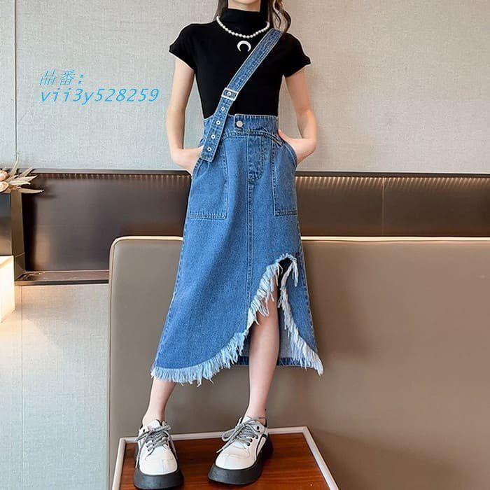 半袖 点セット サロペットスカート デニム カジュアルガー 韓国 春夏 カットソー ハイネック 女の子 キッズ セットアップ 小学生
